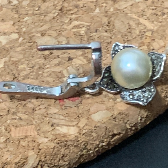 Genuine Pearl Marcasite Sterling Silver 925 Earrings - Picture 2 of 5